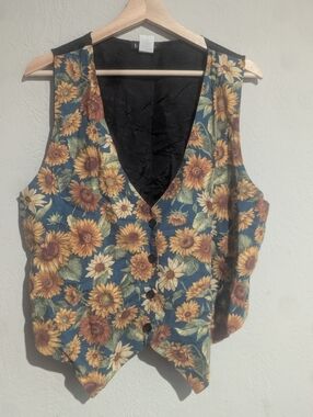 VTG Sunflower Print V-Neck Vest - Blue & Yellow